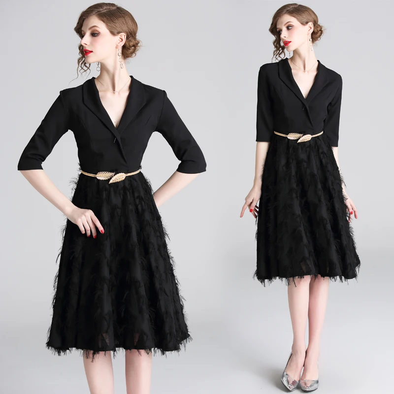 

Fashion tassel Runway Dresses Women's v neck party Vintage Black Dress Elegant Party Dress black vestidos