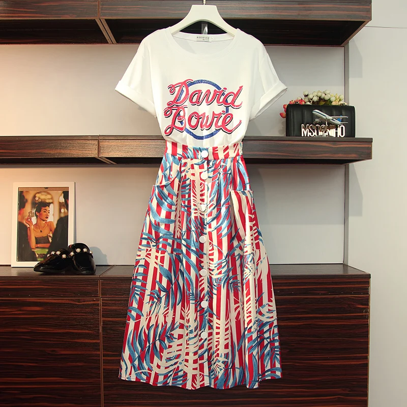 

5XL Large Size Runway Two Piece Sets Women 2019 Summer Letter Cotton T-shirt + Single-breasted Pocket Striped Long Skirt Suits