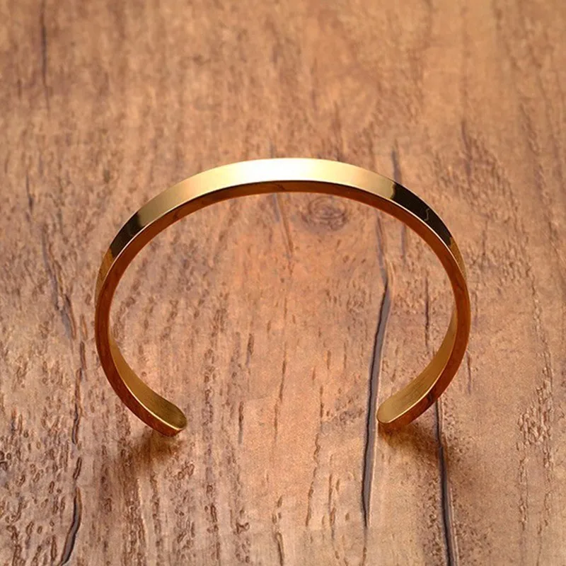 Solid Golden 6mm 8mm Flat Cuff Bangles for Men metal bracelet