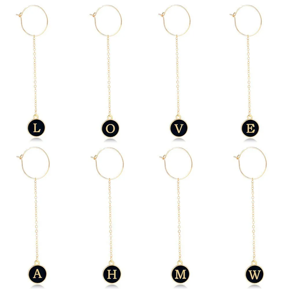 

Special Gold Letters Long Earrings Good Women Trendy Style Black Round Pendant Lettering A-Z Earrings Gold Metal Lovers Jewelry