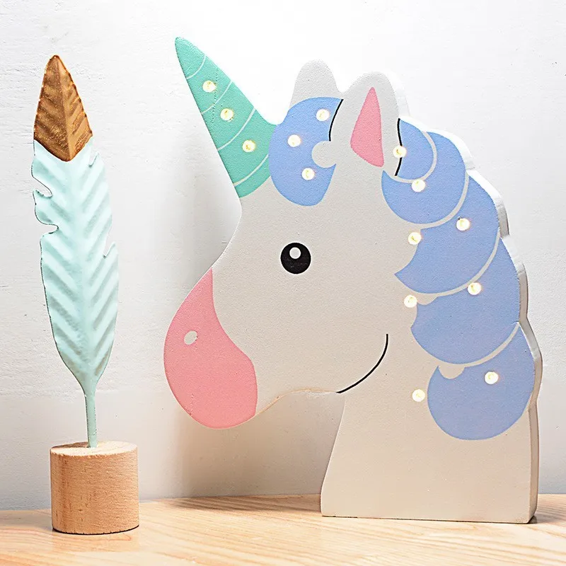 Cartoon Owl Unicorn Horse Flamingo Wood Led Night Light Home Decor Lamp Props