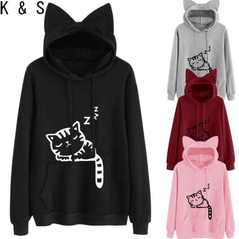 Для женщин свитер с капюшоном пуловеры с кошками укороченный Топы корректирующие одежда кошка толстовка с ушками Blackpink Harajuku Kawaii Kpop Bts