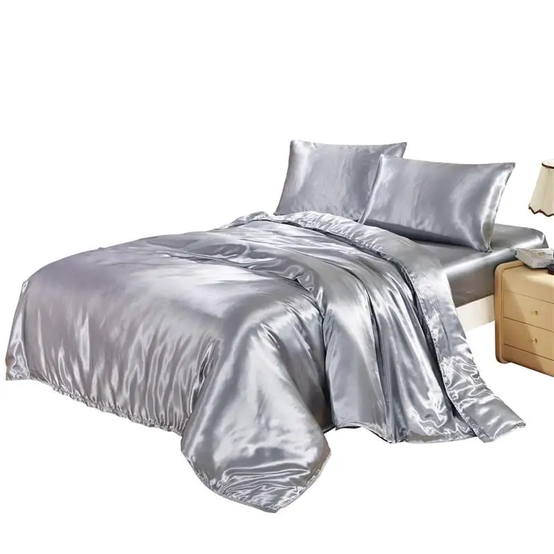 

Hot Silver Bedding Sets King Double Size Satin Silk Summer Used Single Bed Linen Luxury Bedding Kit Duvet Cover Set Wholesale