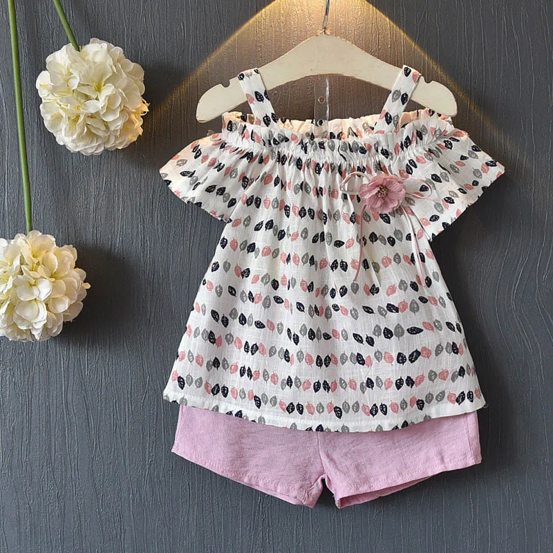 Summer Baby  Girls Set Leaf Print Sling Bare Shoulder  Leaf Short Sleeve + Solid Color Casual Shorts 2 Pcs Kids Clothing