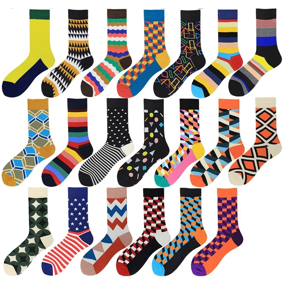 

PEONFLY Funny Harajuku Men Socks Colorful Geometry Comfortable Skate Cotton Sokken Original Pattern Causal Happy Socks Male
