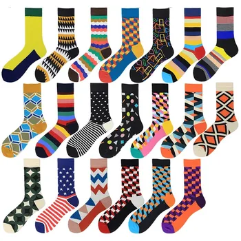 

PEONFLY Funny Harajuku Men Socks Colorful Geometry Comfortable Skate Cotton Sokken Original Pattern Causal Happy Socks Male