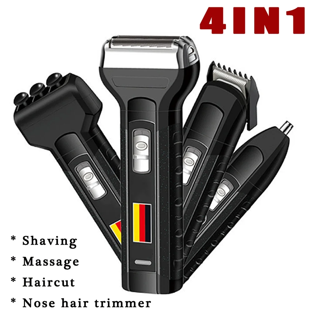 4-в-1 Перезаряжаемые электрическая бритва для бороды, машинка для стрижки волос Машинка для стрижки волос в носу аккумуляторная массаж Бритвы Для мужчин Водонепроницаемый Портативный