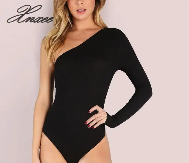 

Black Sexy Blackless Trim One Shoulder Long Sleeve Party Skinny Solid Bodysuit Summer Women Highstreet Bodysuits