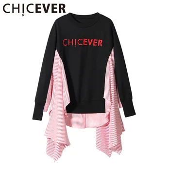 

CHICEVER Embroidery Sweatshirt for Women Long Sleeve Female Top Patchwork Striped Casual Pullover Loose Tops Clothes Autumn 2020