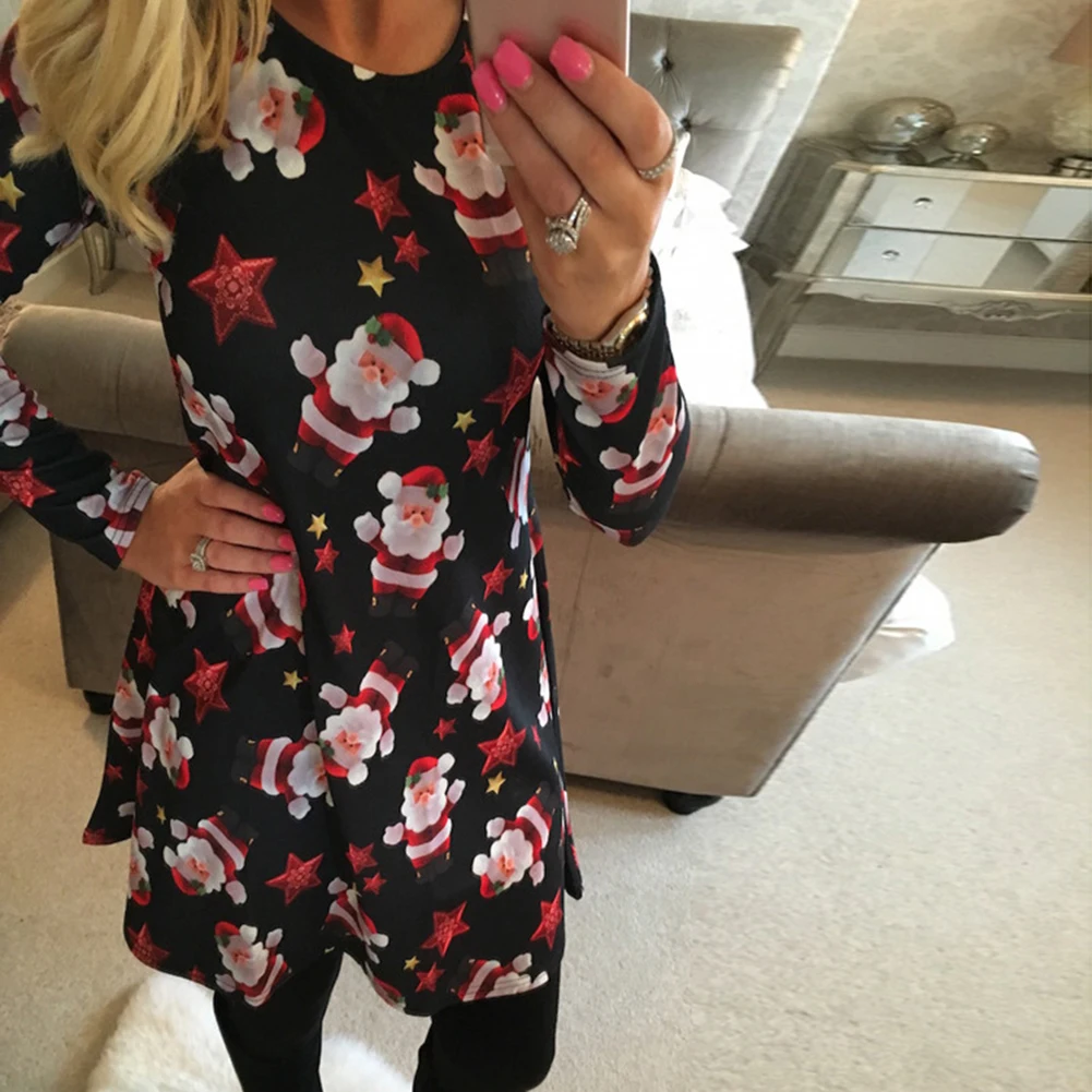 

Oversized 5XL Women Christmas Dress Fashion Christmas Santa Print Long Sleeve Party Dress Girls Xmas Swing Dress New Year gift