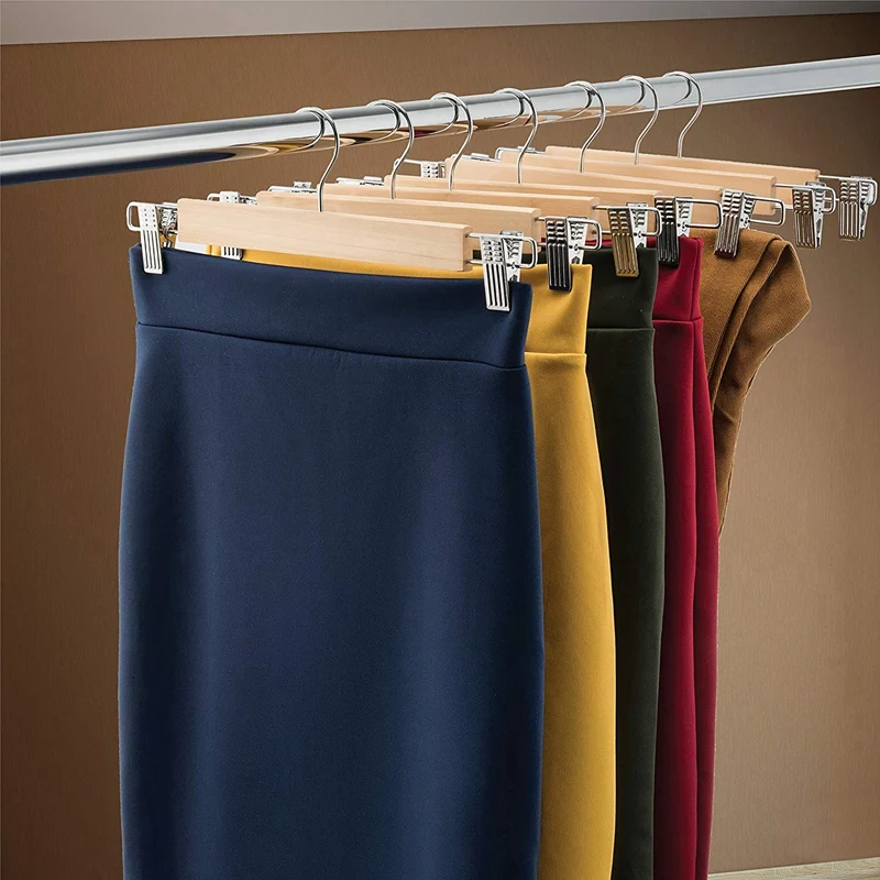 

Wooden Skirt Hangers with Adjustable Clips (Pack of 10) Non-Slip Trouser Hanger Natural Finish Lotus Wood Pants hangers, 360 D