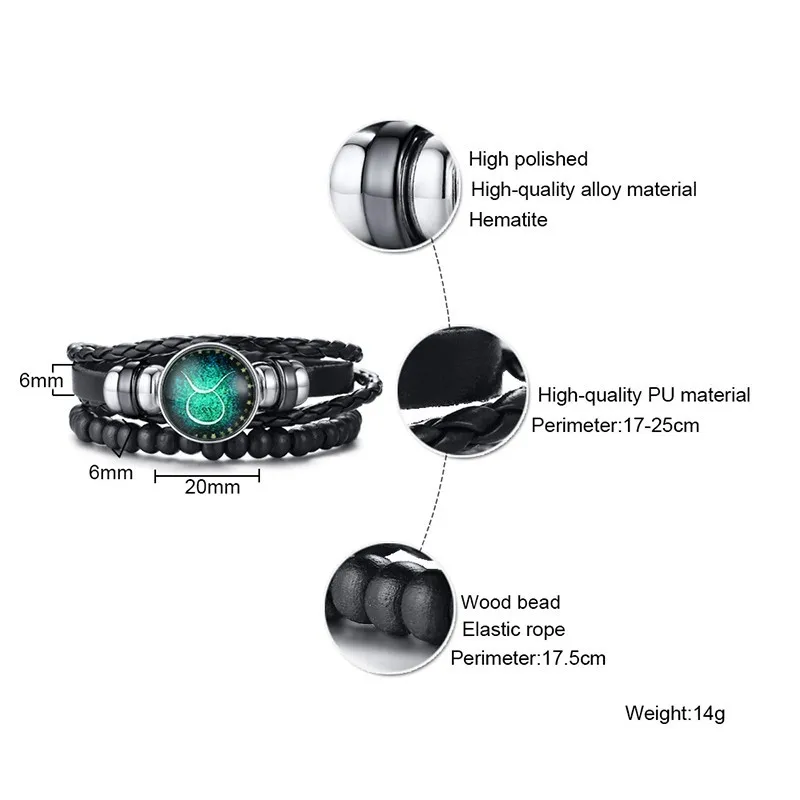 Телец Браслеты для Для мужчин Для женщин Винтаж 12 гороскоп созвездий многослойная кожаная астрологические ювелирные изделия