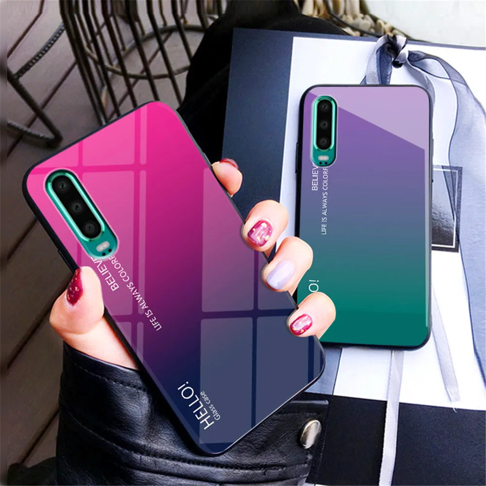 

Gradient Tempered Glass Phone Case For Huawei P30 Case Luxury Colorful Anti-Scratch Slim Back Cover For Huawei P30 Case Funda