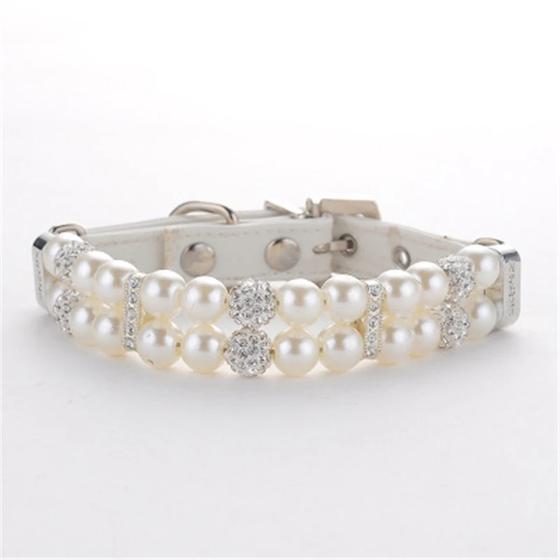 

Pet Dog Cat Collars Bling Rhinestones Adjustable Leather Necklace Pearl Studded Collar for Teddy Dog Accessories Puppy Chain