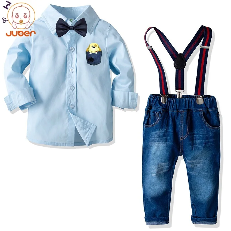 4PCS Boy Clothes Set Solid Cotton Long Sleeve Bows Gentleman Suspender Children Outfit Blouse+Jeans Pant Kids Spring Party Suits | Детская