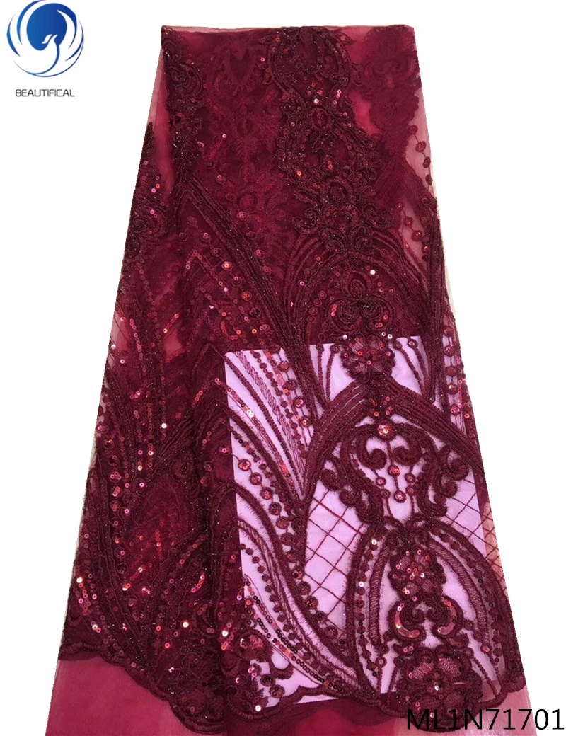 

Beautifical african net lace fabrics 2019 high qaulity sequins tulle lace fabrics red laces fabrics for women 5yards/lot ML1N717