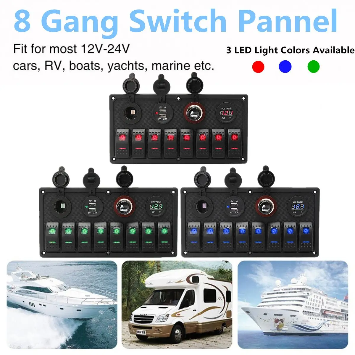 

12V/24V 8 Gang Switch Panel Car Marine Breaker Water-resistant Enclosed Rocker Switches Short Circuit Protection Red Blue Green