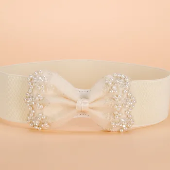 

2019 new women fashion dress belt pearl bowknot buckle elastic waist belt elastic wide cronyism women cummerbund