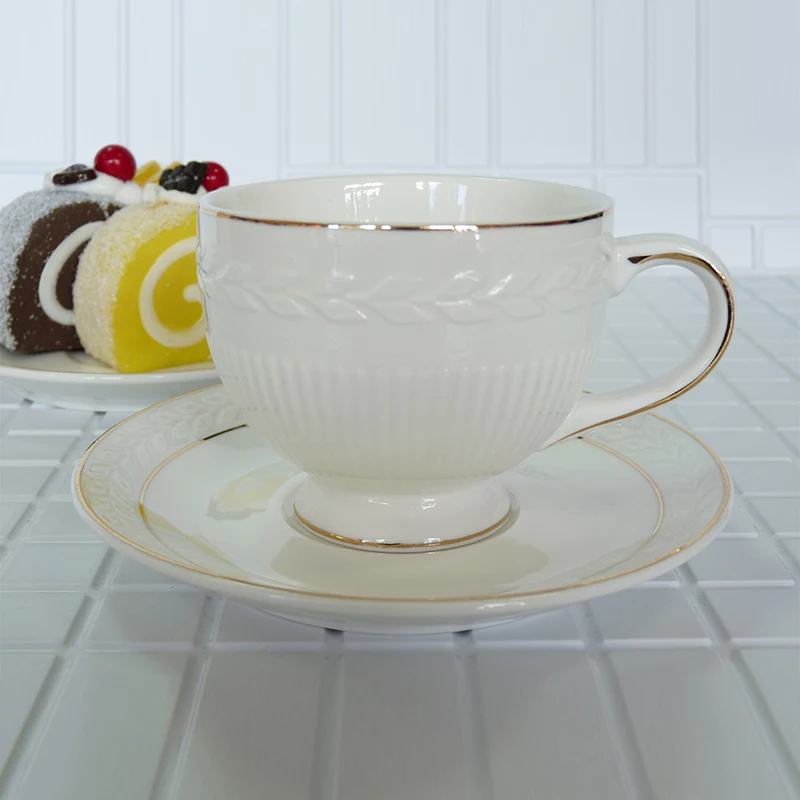 

High quality bone china handmade Tea set White leaves stripe pattern A set of 12 pieces 220ml Birthday Holiday Gift