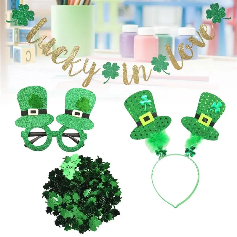 

1 Set Shamrock St. Patricks Day Decorative Four-leaf Clover Table Confetti Scatters Garland Banner Props Headband Party DIY