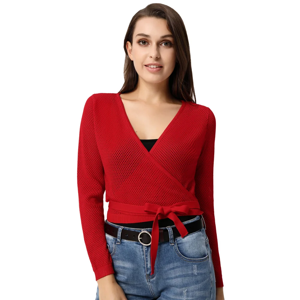 sexy see through eyelet front cross women sweater red