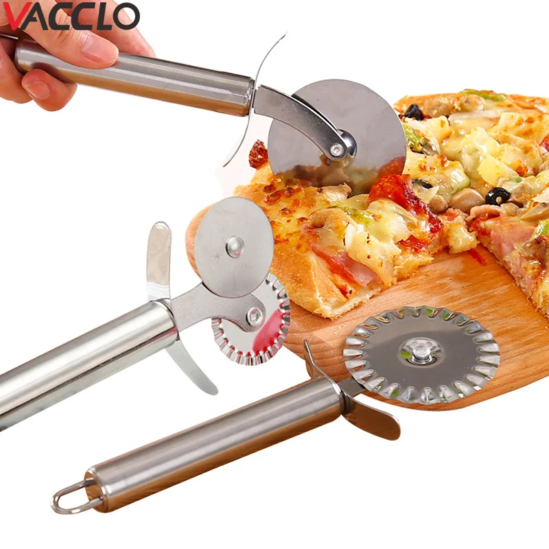 Vacclo New Stainless Steel Double Roller Pizza Knife Cutter Pastry Pasta Dough Crimper Round Hob 20.5cm Lace Wheel Kitchen tools