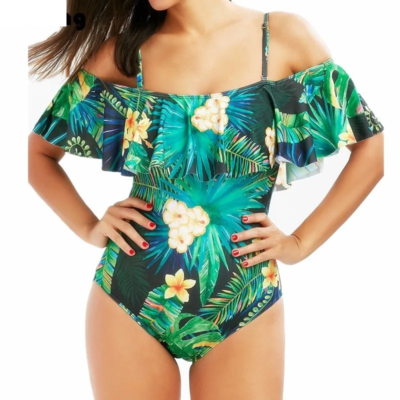

Ieva Eieou Flounce One Piece Swimsuit Push Up Swimwear 2019 Summer Leaf Floral Print Bathing Suit Bathers Beach Monokini S-XXXL