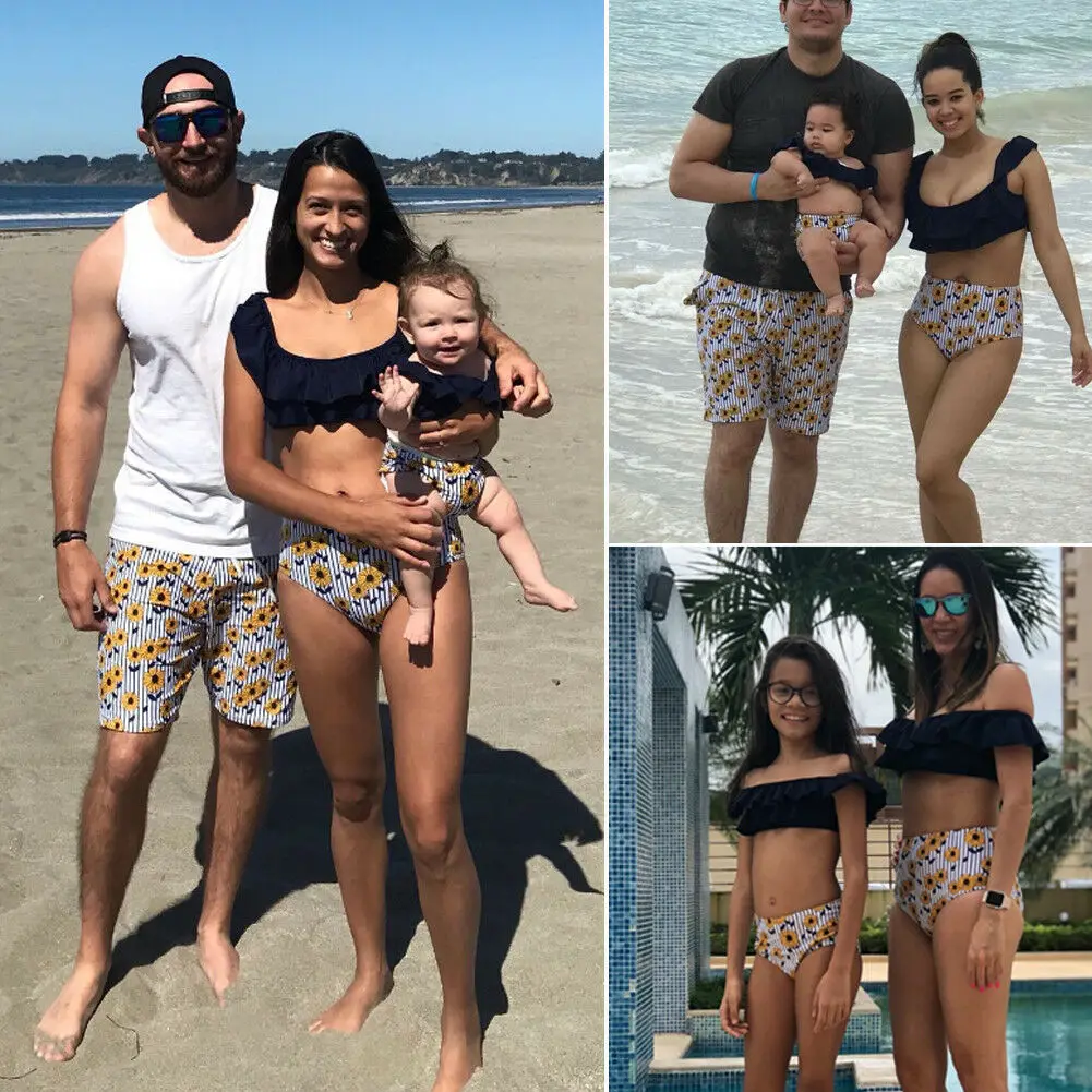 

2019 Family Matching Men Women Kids Boys Girls Floral Stripe Sunflower Swimsuit Swimwear Bikini Set