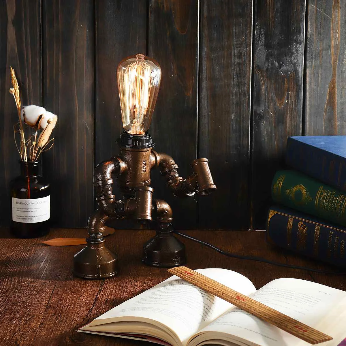E27 Vintage Industrial Robot Light Water Pipe Steampunk Table Lamp