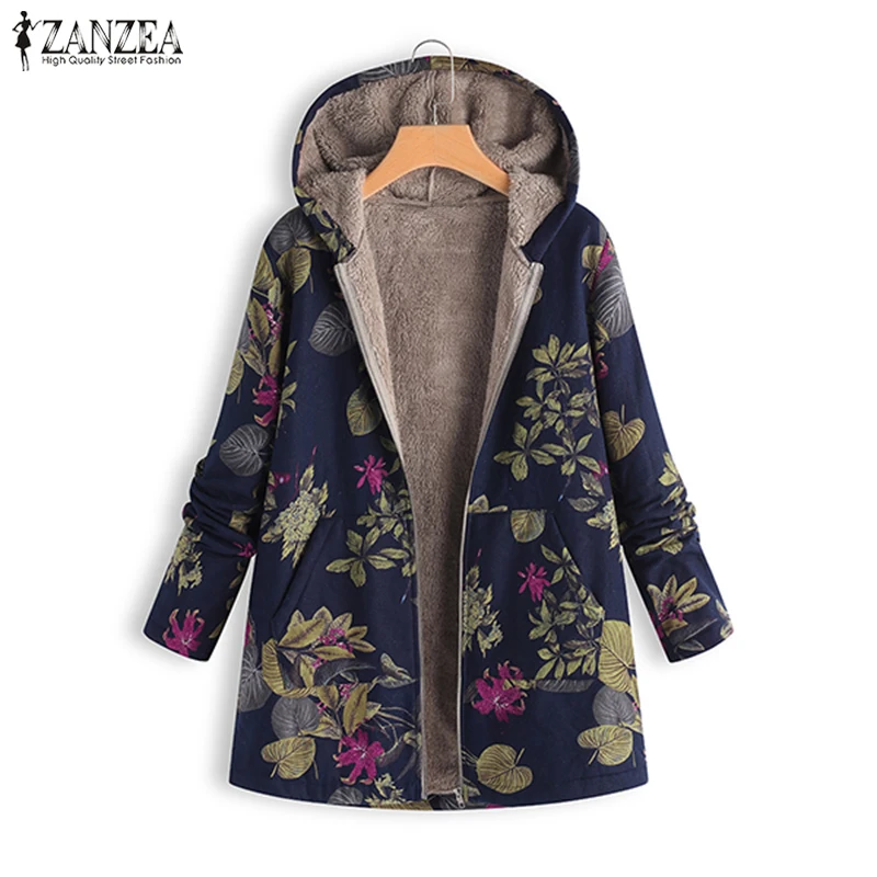ZANZEA, Осеннее женское теплое пальто с капюшоном и длинным рукавом, зимнее пальто с цветочным принтом, искусственный мех, плюш, пушистые пальто, куртки, Свободное пальто