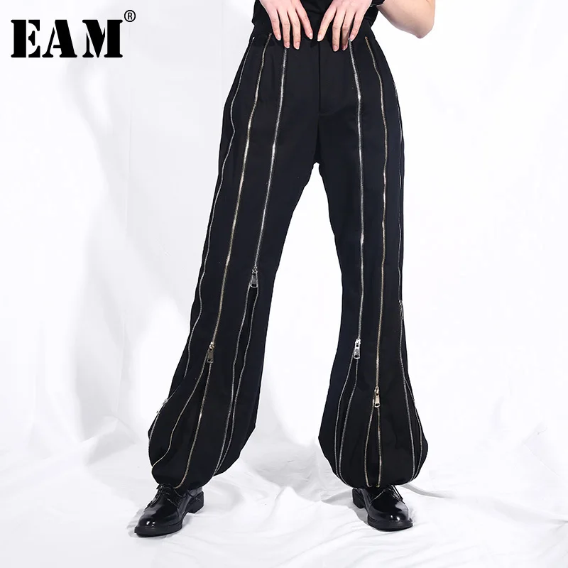 

[EAM] 2019 Spring Woman Personality New Black Color Spliced Many Zippers Split Joint Long High Waist Flare Pants Trousers LE78