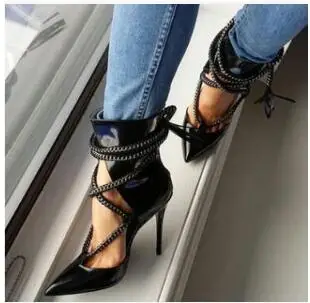 

2019 Fashion Chains Gladiator Dress Shoes Women Pointed Toe Cross-tied Chain Stiletto High Heels Shoes Sexy Black Thin Heel Pump