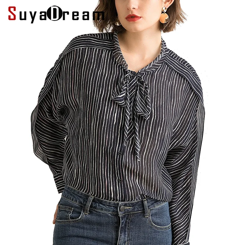 

Women Blous 50%SILK 50%LINEN Bat Sleeved Striped Blouses for Women 2019 Spring New Office lady shirt Bow Collar