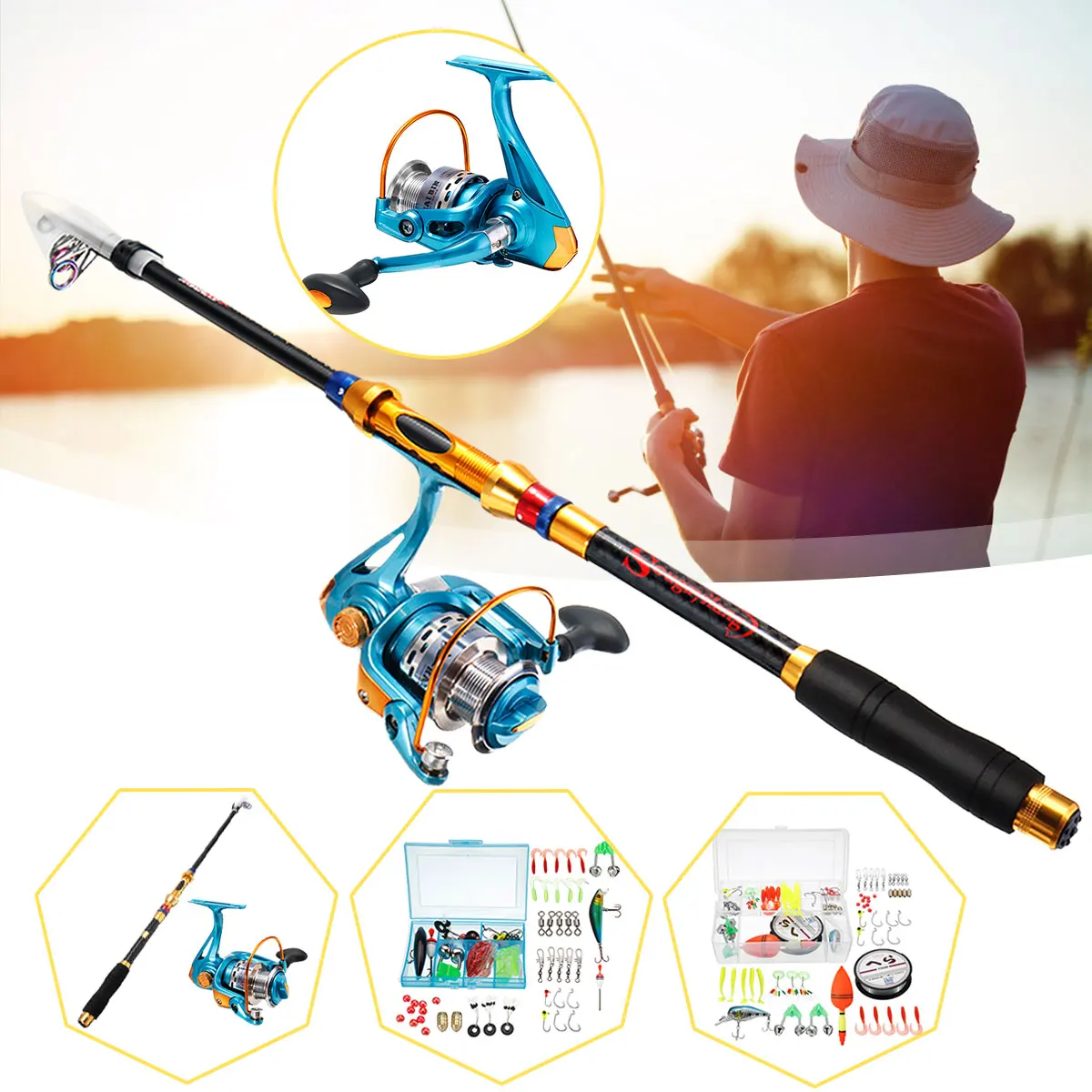 

Fishing Reel Rod Comb Fish Hunting 1.8m Telescopic Pole+Spinning Reel Lure Hooks Come with Storage Box Foldable Easy to Carry