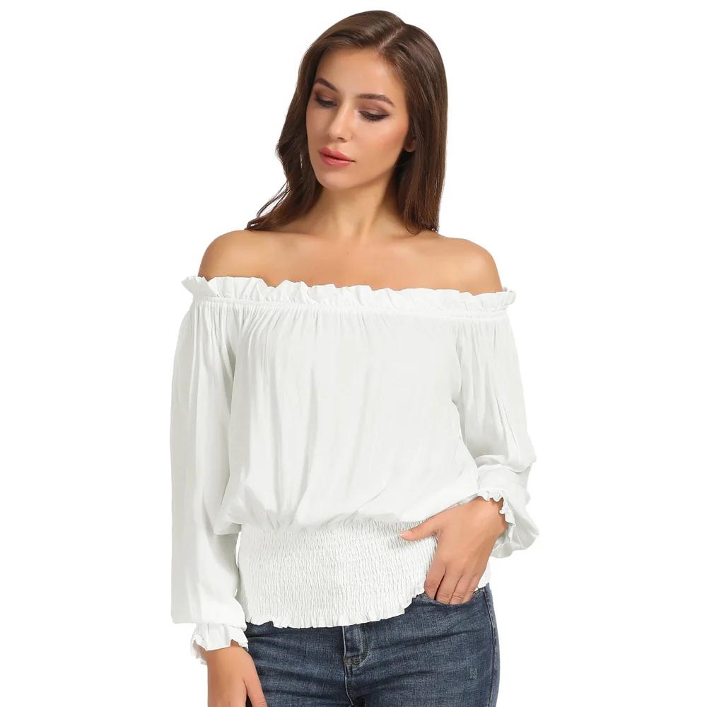 

Steampunk Gothic Smocked Waist Blouse Boho Tops Camisas Mujer KK Sexy Women Long Sleeve Off Shoulder shirt vintage style party