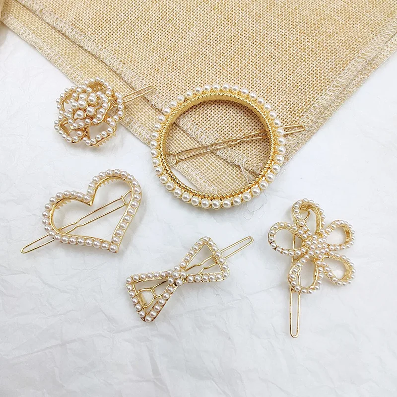 

Japan and Korea Simple Love Heart Circle Clip Flower Rose Geometry Pearl Hairpin Bangs Clips Women Headwear