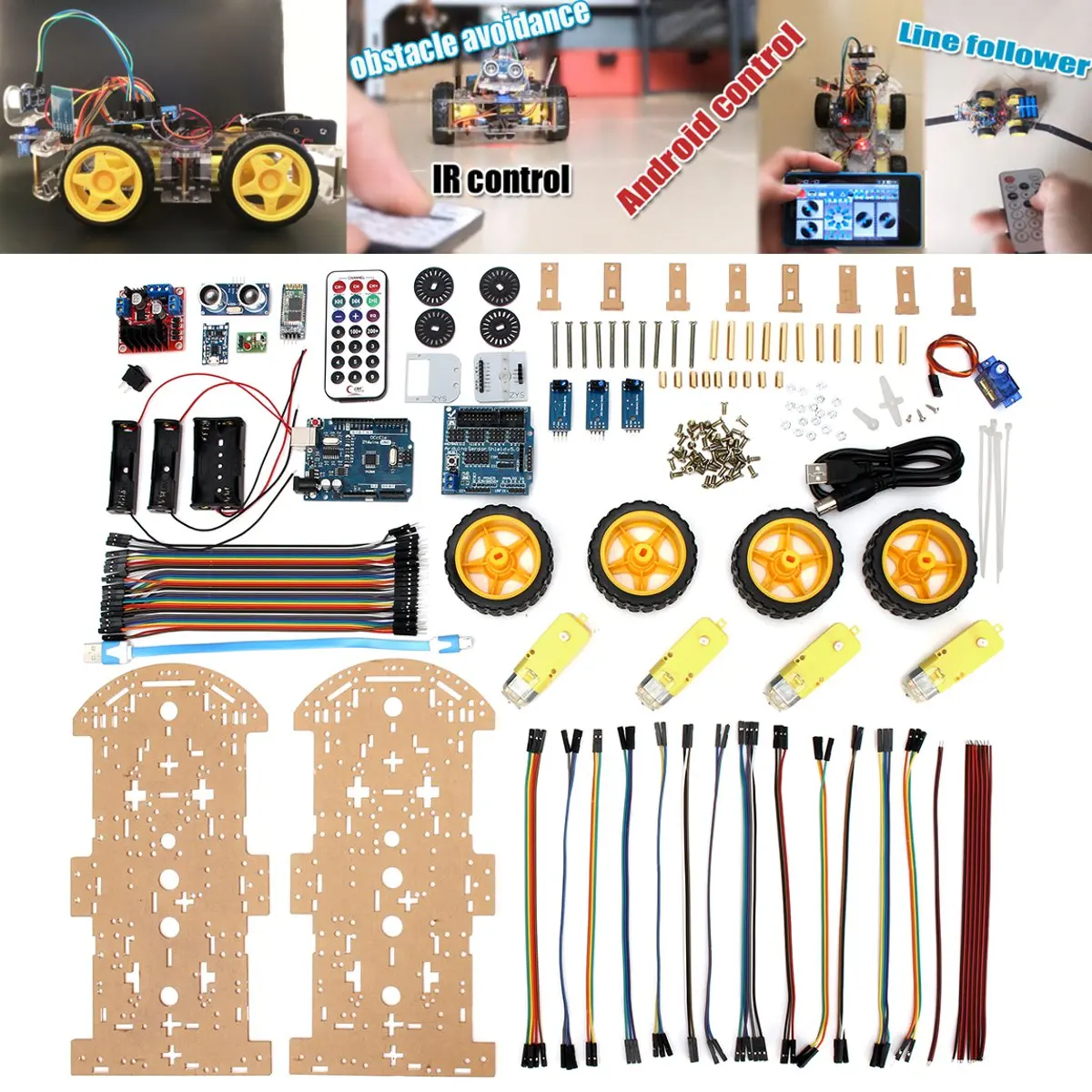

Programmable Toys Vehicles 4WD Smart Robot Car Kit High Tech Toys Bluetooth IR Obstacle Avoid Line Follow L298N ForArduino
