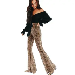 Для женщин Высокая талия леопардовый широкие брюки осень мода повседневное Bodycon Эластичный пояс мотобрюки леггинсы для брюк