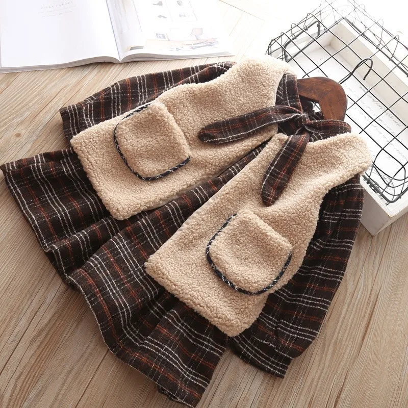 

girl spring dress long sleeve winter plaid with vest children girl clothes sets fashion boutiques toddler baby girl clothes Y