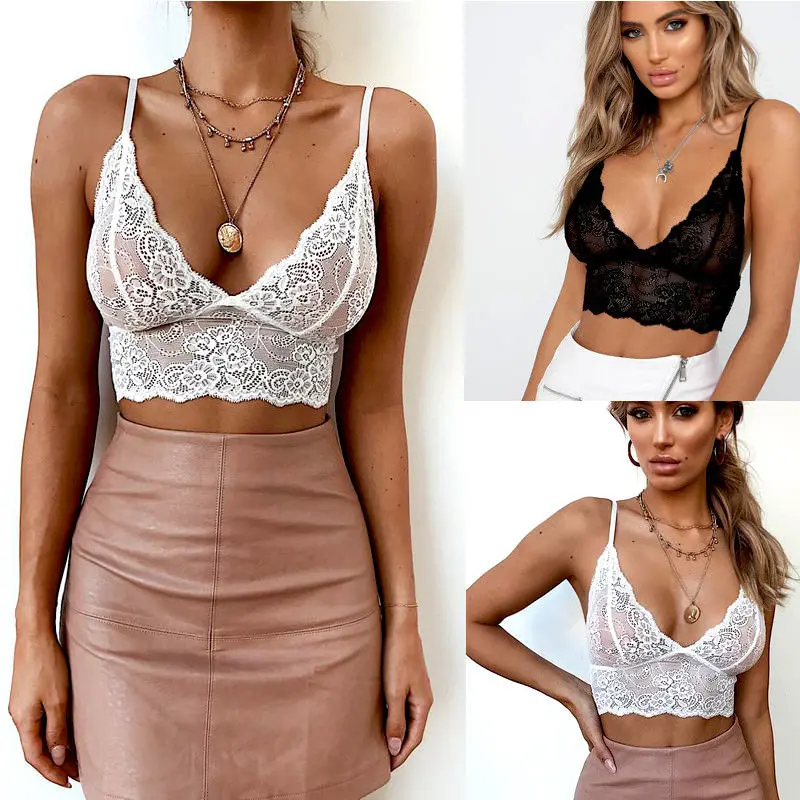 Women Erotic Lingerie Floral Lace Halter Bralette Bra Comport Sexy Bralette Wireless Lingerie Tops Deep V-neck Women Underwear