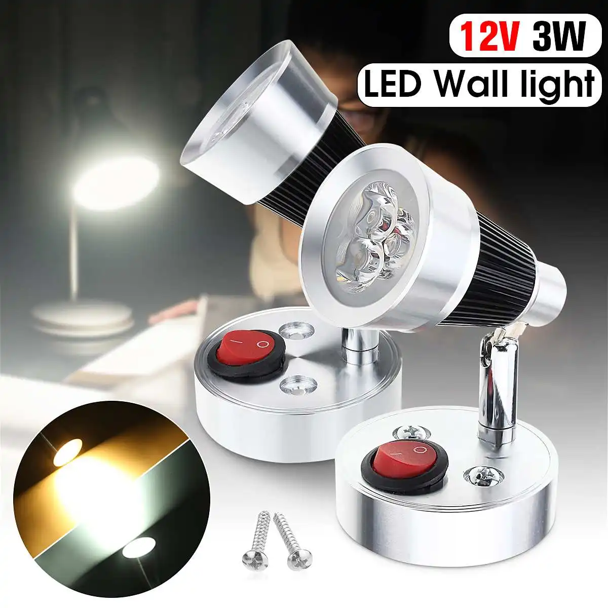 12V 3W LED Spot Light Reading Lamp Bedside Rotate Wall Lighting For RV Caravan Motorhome Boats