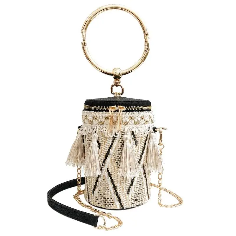 

Creative Women Cylindrical Straw Handbags Barrel Tassels Shoulder Crossbody Bucket Ethnic Barrel Tassels Chain