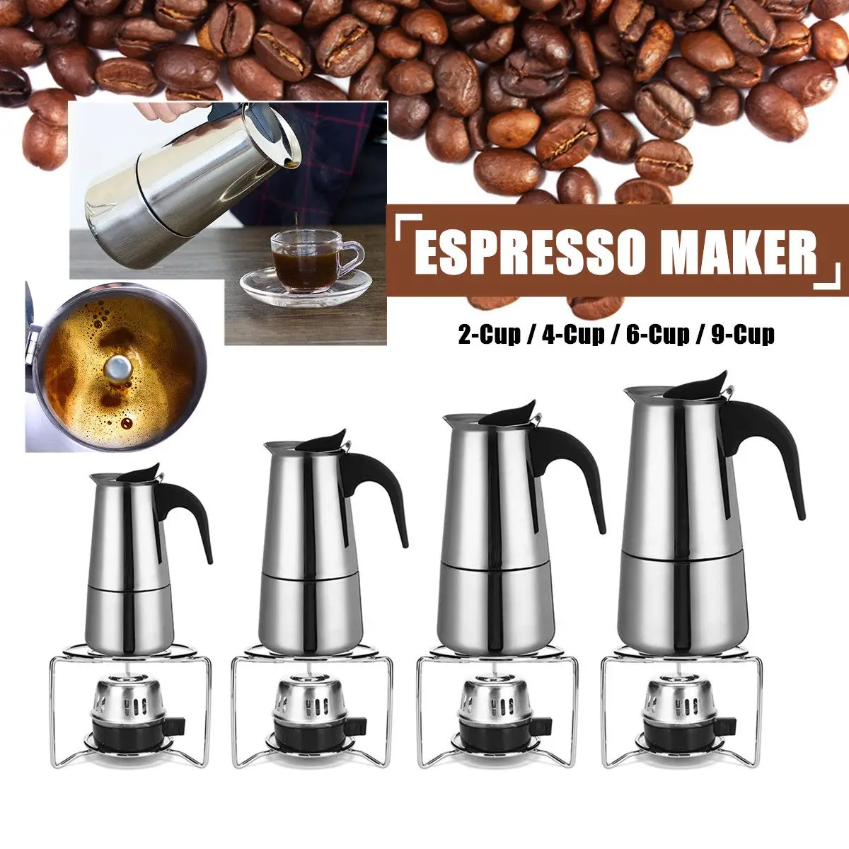 

Espresso Coffee Maker Pot Percolator Stainless Steel + Alcohol Lamp 2/4/6/9 Cups Easy Clean Safety-release Valve Silicone Handle