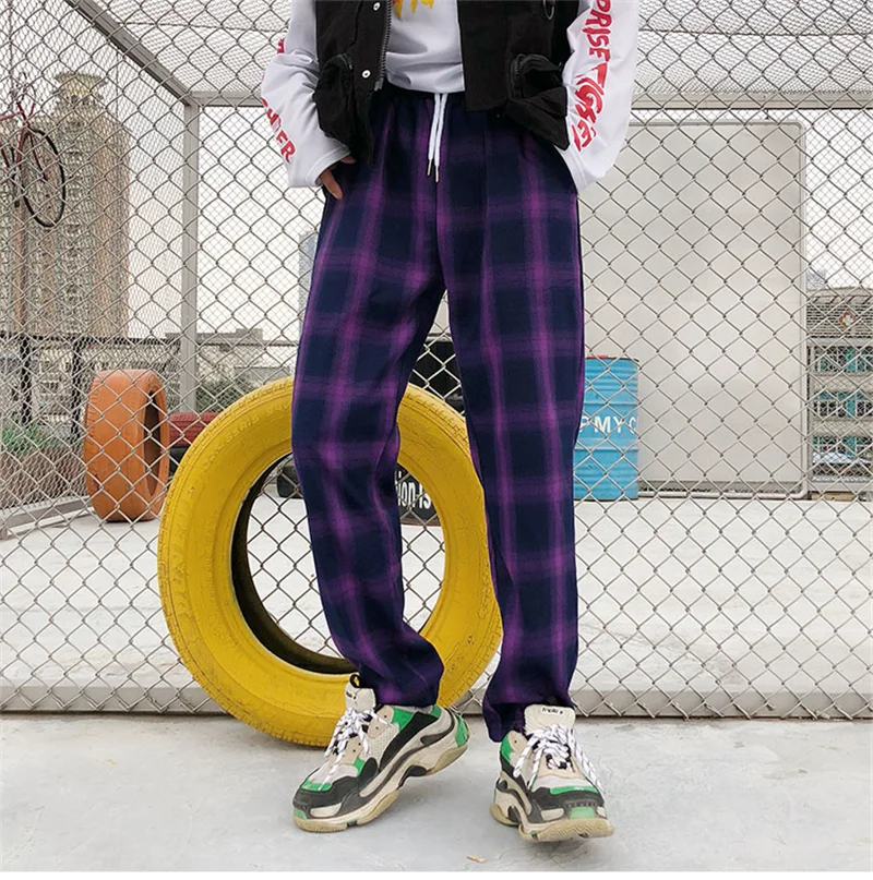 

Plus Size S~XXL Drawstring Waist Slim Straight Gradient Rainbow Plaid Pant Streetwear Korean Trouser Block Stripe Hiphop Harem