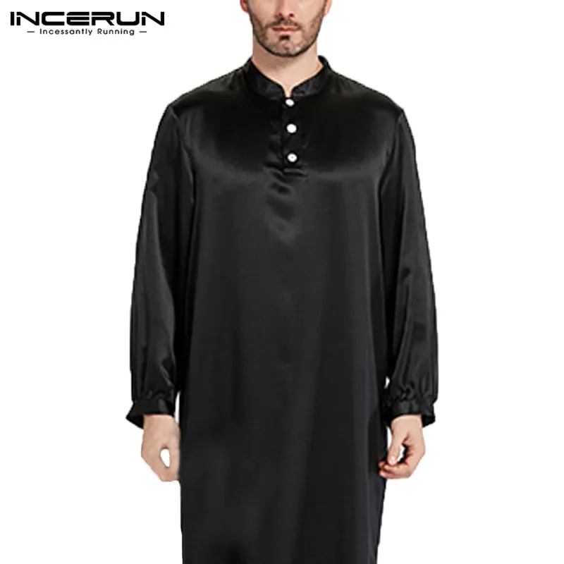 Nightgown Men Robe Pajamas Silk Satin Long Sleeve Bathrobe Lounge Arabe  Dress Shirt Gown Masculina Islamic Men Clothes