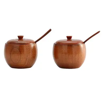 

Solid Wood Janpanese Style Natural Concise Spice Jar Wooden Seasoning Pot with Spoon and Lid for Kitchen Home
