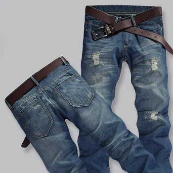 

Vintage Men Jeans Destroyed Denim Pants Mid Waist Jean Homme