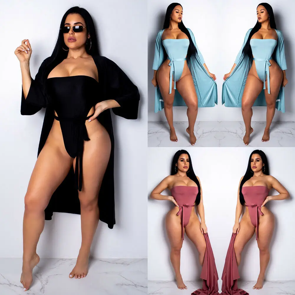 

Ladies Swimwear 2pcs Set Solid Color Bikini Cover Up+Monokini Swimwear Beach Summer Strapy Sexy Botttoms Thong Soft Swimsuits