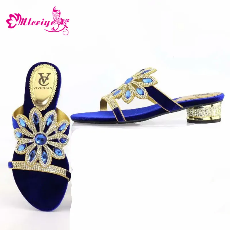 

Wedding African Shoes Women Slides Summer Style Royal Blue Color with Slippers for Woman Wedding Parties Shoes Nigerian Shoes