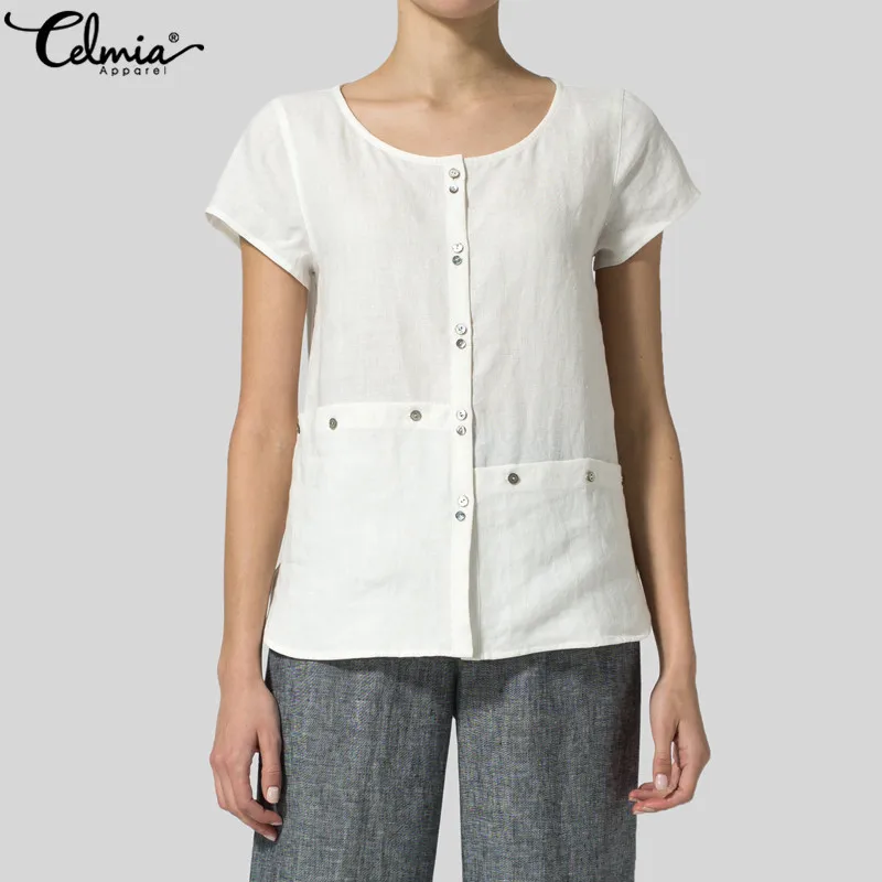 

Celmia Women Vintage Cotton Blouses 2019 Summer Plus Size Tops Short Sleeve Casual Blusas Femininas Asymmetrical Buttons Shirts